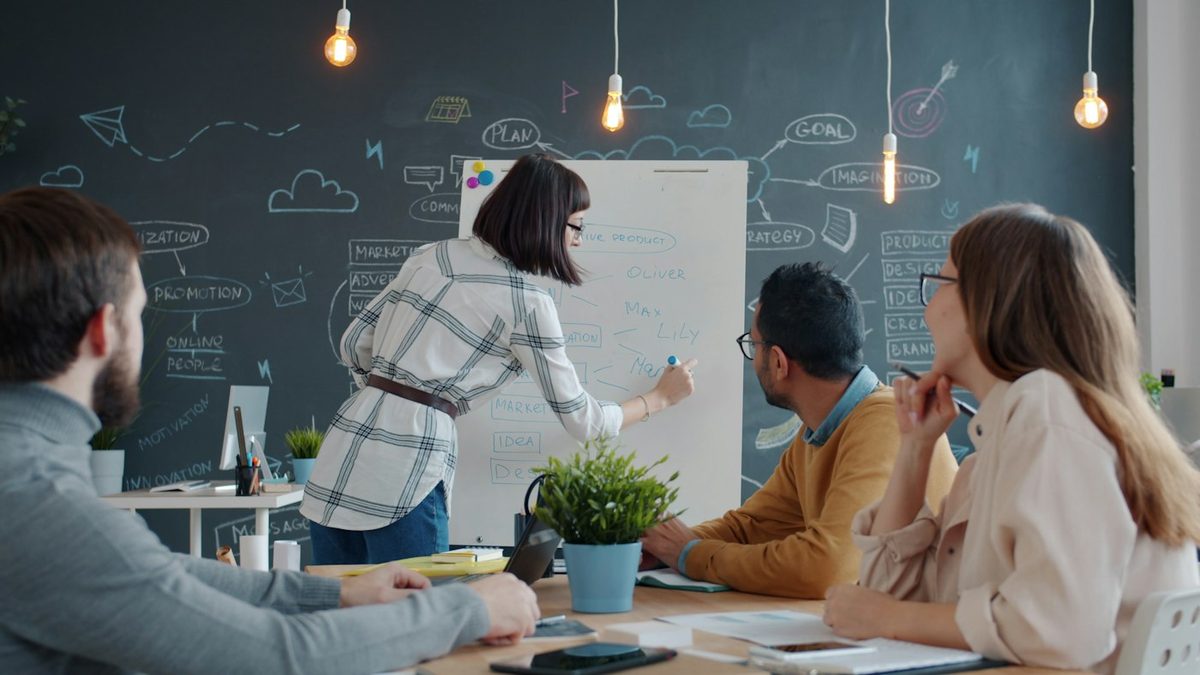 Team in a training session at a whiteboard