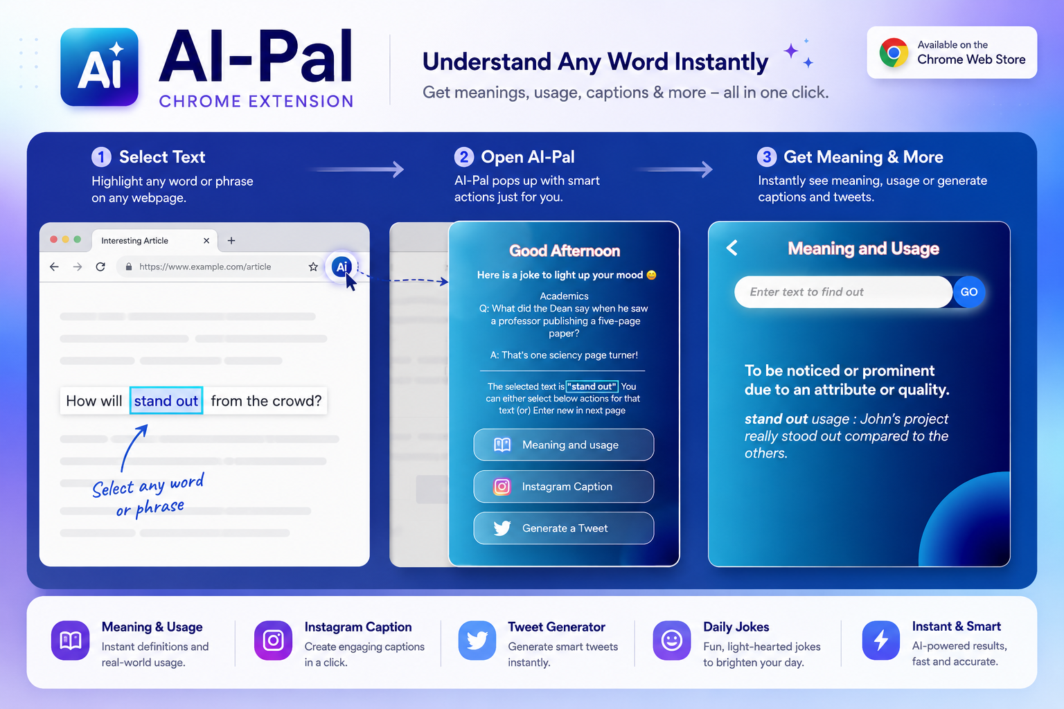 AI Pal Chrome Extension — AI-powered word definitions and Instagram/Twitter caption generator with 200+ users